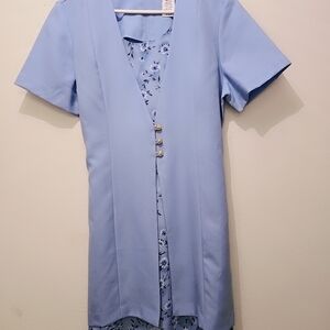 Light Blue Short Sleeve Dress with Floral Detail